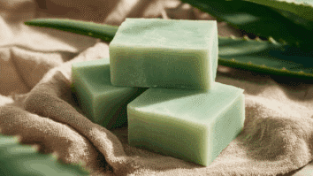 Três barras de sabonete de babosa caseiro com folhas de babosa em volta