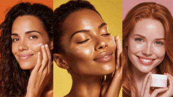 três mulheres usando produtos de skincare, representando uma rotina de cuidados com a pele