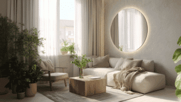 Sala com cores claras decoradas com plantas, espelho e led