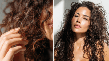 De um lado uma mulher tocando seus cabelos cacheados porosos e sem brilho, e do outro, essa mulher com um cabelo mais brilhante e hidratado