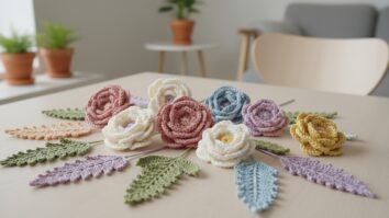 Mesa com flores e folhas de crochê artesanais em diversos tons, ambiente minimalista com plantas discretas ao fundo