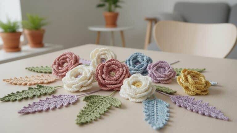 Mesa com flores e folhas de crochê artesanais em diversos tons, ambiente minimalista com plantas discretas ao fundo