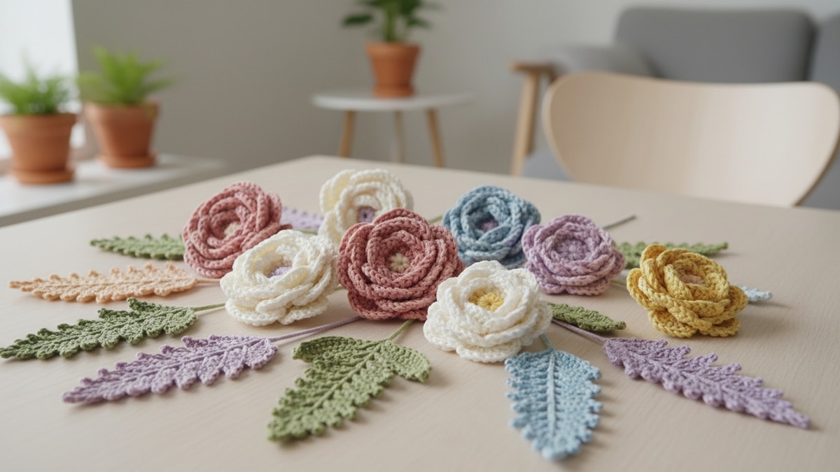 Mesa com flores e folhas de crochê artesanais em diversos tons, ambiente minimalista com plantas discretas ao fundo