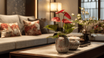 Antúrio vermelho na mesa de centro: símbolo chinês de paixão, carinho e renovação da energia do amor dentro de casa