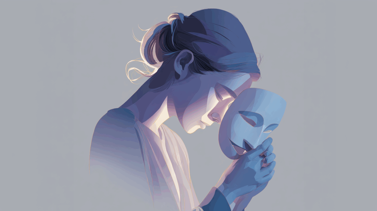 Ilustração de uma mulher com a cabeça baixa e expressão triste, segurando uma máscara com um semblante feliz, contraste emocional simbólico