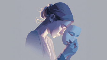 Ilustração de uma mulher com a cabeça baixa e expressão triste, segurando uma máscara com um semblante feliz, contraste emocional simbólico