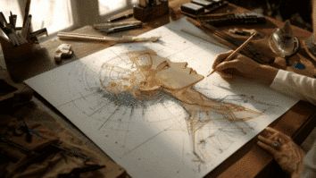 Mulher sendo desenhada como um projeto arquitetônico, simbolizando que a autoestima pode ser esboçada e construída de forma consciente e estruturada