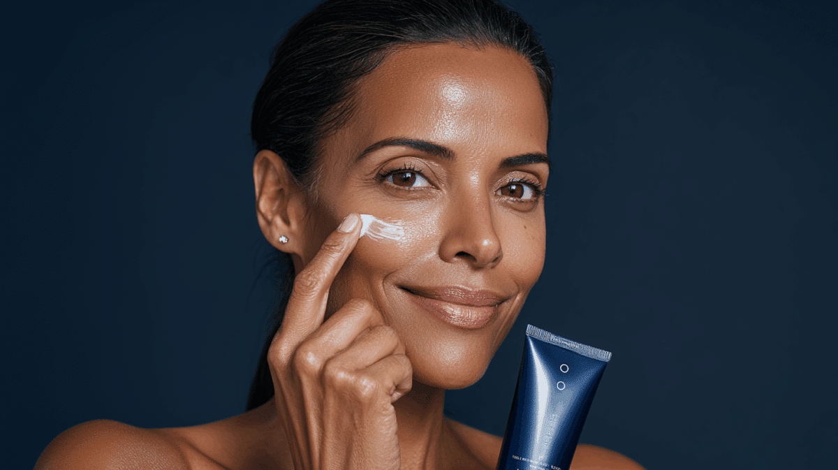 Mulher com creme antissinais aplicado sobre a pele do rosto