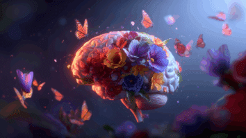 A imagem mostra um cérebro do qual nascem flores, com borboletas voando ao redor — uma representação simbólica e poética de uma mente tendo pensamentos positivos, criatividade e transformação mental.