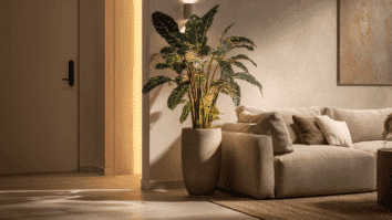 Sala com uma calatéia recebendo uma iluminação amarela suave que realça sua textura e cria um clima elegante no ambiente