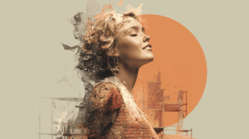 Uma mulher feita de tijolos e concreto, em construção, simbolizando o processo de construir uma autoestima inabalável