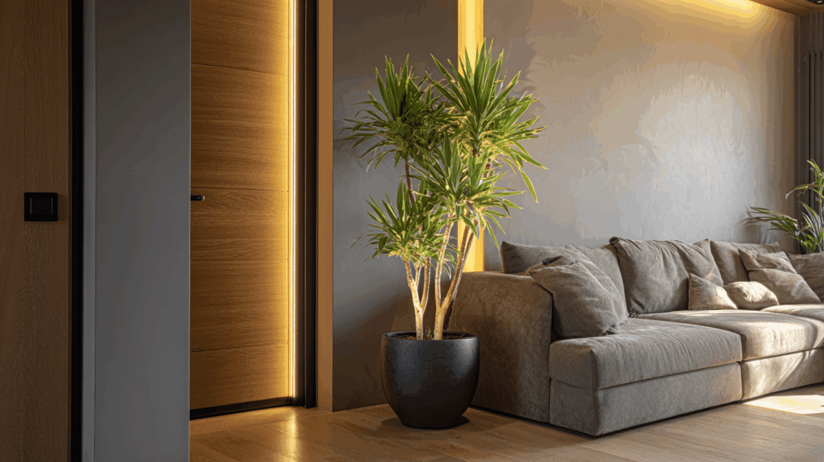 Planta iluminada por LED amarelo decora a entrada da sala, criando um clima acolhedor e simbolizando atração de prosperidade segundo o Feng Shui
