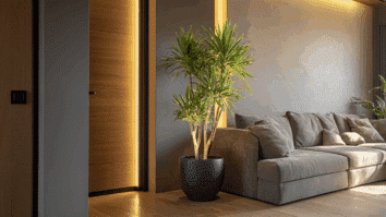 Planta iluminada por LED amarelo decora a entrada da sala, criando um clima acolhedor e simbolizando atração de prosperidade segundo o Feng Shui