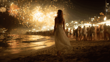 A imagem reforça o tema da virada emocional ao mostrar uma mulher de branco caminhando na praia durante o Réveillon, com fogos ao fundo. Ela simboliza renovação, introspecção e novos começos