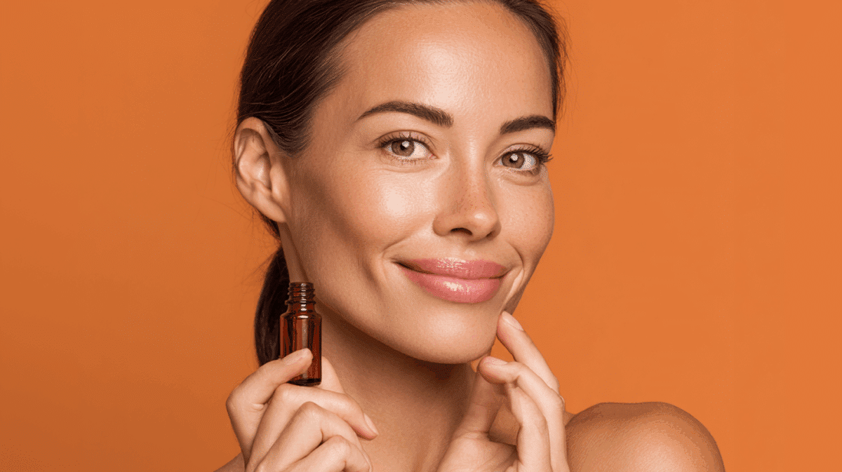 Mulher com frasco de sérum em uma das mãos, e exibindo uma pele bonita e viçosa