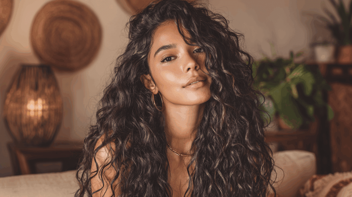 Mulher com cabelos cacheados