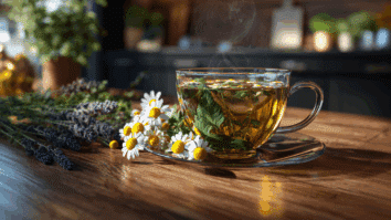 Xícara de vidro com chá quente de ervas sobre mesa