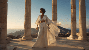 A mulher caminha entre quatro colunas, simbolizando os quatro pilares da autoestima. A luz suave representa clareza interna, e o movimento do vestido sugere leveza, força e reconstrução pessoal.