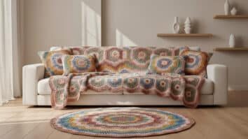 Sala de estar contemporânea com manta e almofadas de crochê coloridas sobre sofá neutro, decoração em madeira clara e cerâmica, iluminada por luz natural difusa