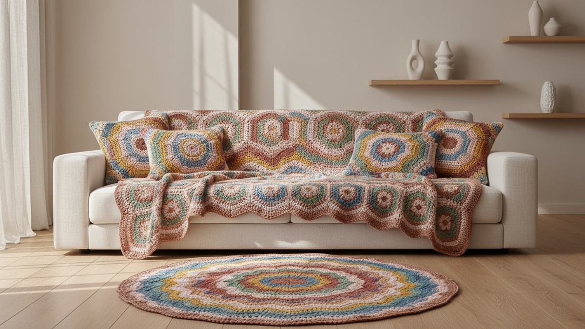 Sala de estar contemporânea com manta e almofadas de crochê coloridas sobre sofá neutro, decoração em madeira clara e cerâmica, iluminada por luz natural difusa