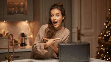 Mulher feliz mostrando uma lavadora de louça genérica e ilustrativa