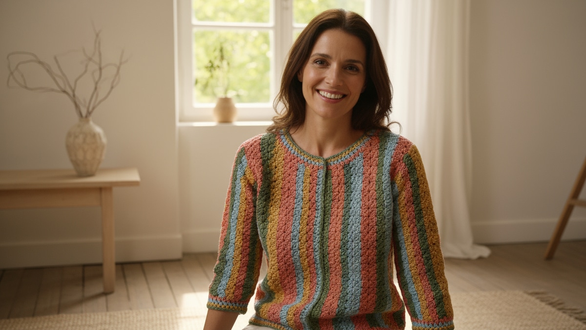 Mulher sorridente usando blusa de crochê colorida em ambiente naturalista com iluminação suave, decoração minimalista com vaso de cerâmica e elementos secos