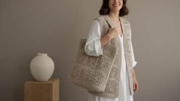 Mulher sorrindo usando colete e bolsa de granny squares de crochê bege em estúdio minimalista