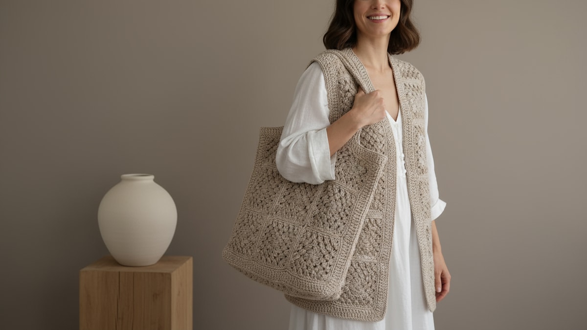Mulher sorrindo usando colete e bolsa de granny squares de crochê bege em estúdio minimalista
