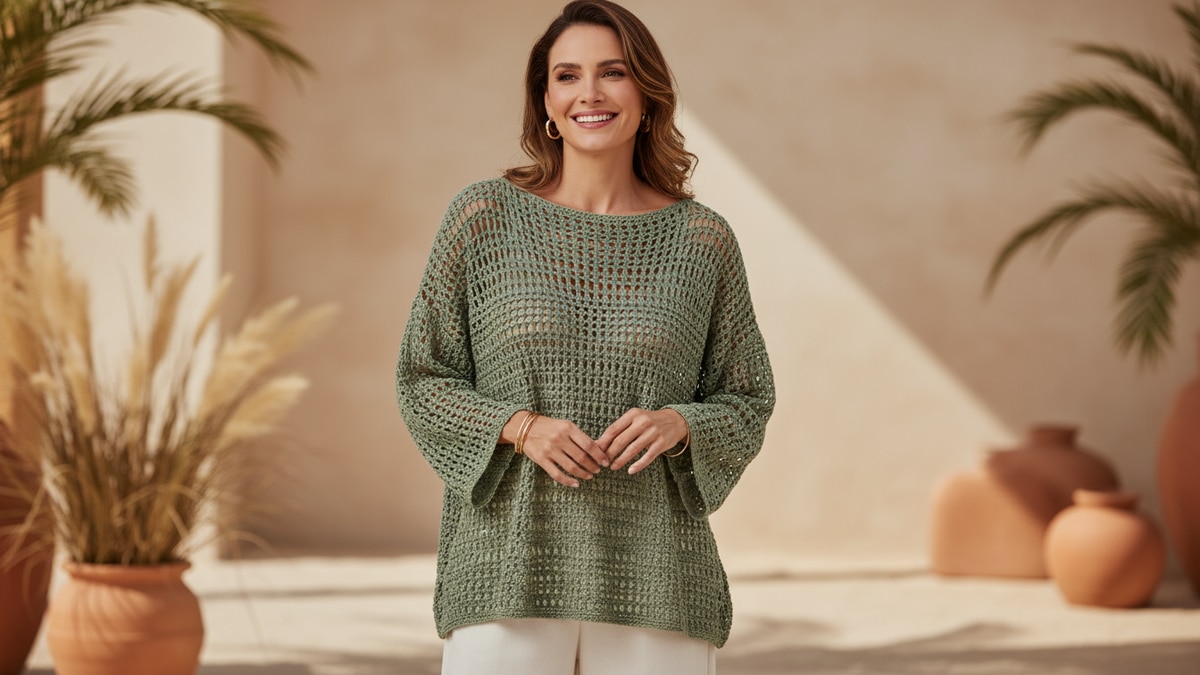 Mulher brasileira usando blusa de crochê verde em ambiente neutro e elegante
