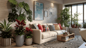 Sala elaborada com uma decoração com plantas e um toque tropical