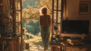 Mulher deixando um quarto com computador e celulares para vislumbrar a natureza do lado de fora