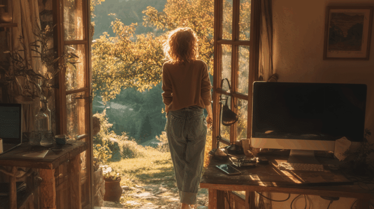 Mulher deixando um quarto com computador e celulares para vislumbrar a natureza do lado de fora