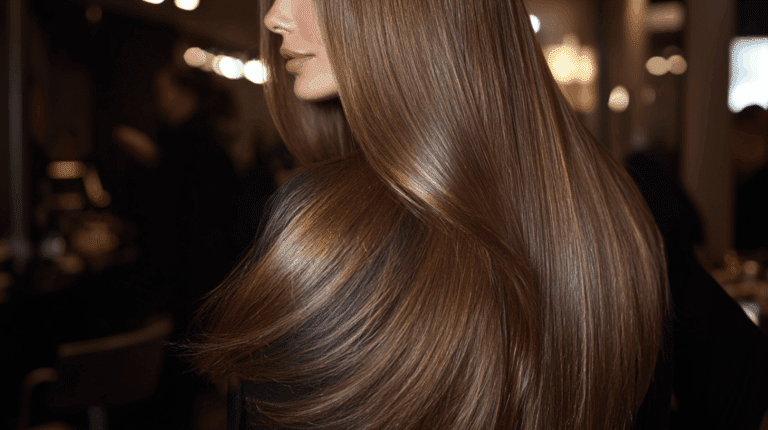 Mulher exibindo cabelo longo com brilho