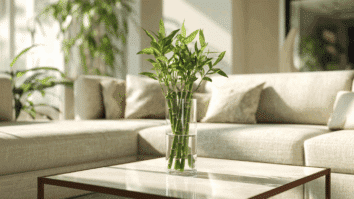 Bambu da sorte em um vaso de vidro com agua complementando a decoração de uma sala