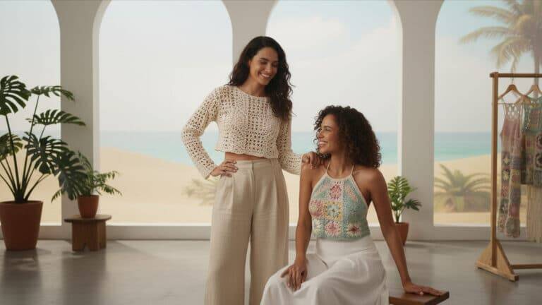 Duas mulheres brasileiras usando croppeds de crochê em cores diferentes em ambiente veranil