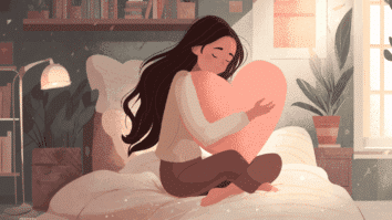 A imagem mostra uma mulher abraçando um grande coração com expressão serena, simbolizando o amor-próprio e o cuidado emocional que sustentam a verdadeira autoestima