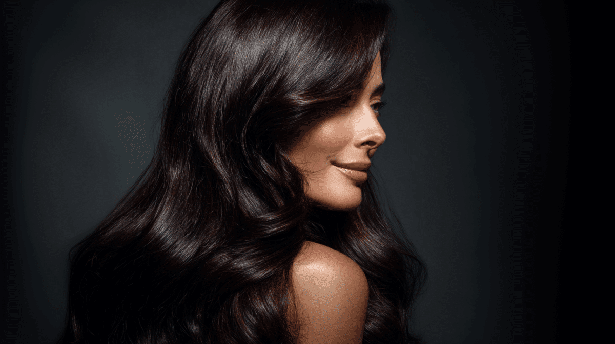 Mulher exibindo cabelos longos com brilho