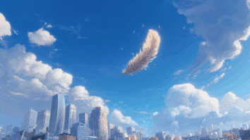 Pena flutuando sobre uma cidade, simbolizando de forma poética o estado de quem vive com mais calma em meio ao estresse cotidiano