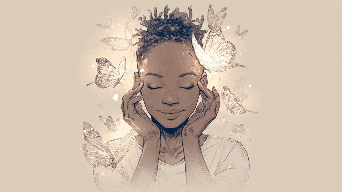 Ilustração de uma mulher tendo bons pensamentos, que são simbolizados pelas borboletas sobrevoando ao redor de sua cabeça