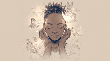 Ilustração de uma mulher tendo bons pensamentos, que são simbolizados pelas borboletas sobrevoando ao redor de sua cabeça