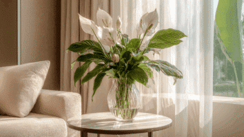 Imagem de um lírio da paz em um vaso no centro de uma sala complementando a decoração