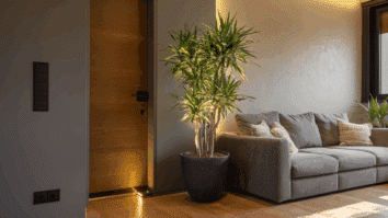 Planta iluminada por LED amarelo decora a entrada da sala, criando um clima acolhedor e simbolizando atração de prosperidade segundo o Feng Shui