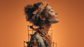 Uma mulher feita de tijolos e concreto, em construção, simbolizando o processo de construir uma autoestima inabalável