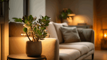 Planta posicionada entre a porta de entrada e o sofá, criando um ponto de energia positiva, atraindo prosperidade e boas oportunidades segundo o Feng Shui