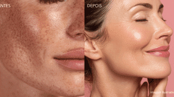 Simulação gerada por IA mostrando “Antes e Depois” de uma pele com manchas e, à direita, uma pele mais uniforme, representando os possíveis efeitos da niacinamida. (Imagem ilustrativa; resultados variam.)
