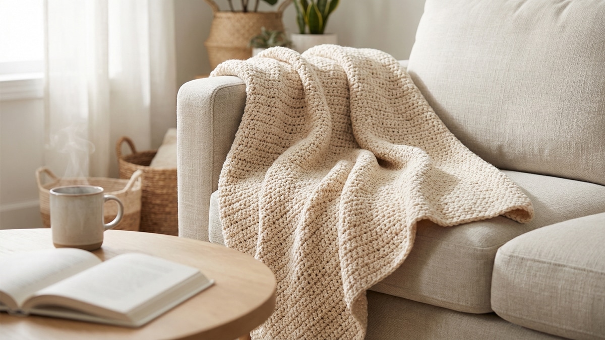 Sala de estar aconchegante com manta de crochê artesanal em algodão bege sobre sofá neutro, mesa de centro com café fumegante e livro, estilo boho contemporâneo