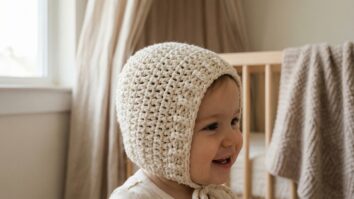 Menina sorrindo usando touca de crochê infantil artesanal em algodão cru em quarto infantil delicado