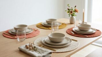 Mesa posta com sousplats redondos de crochê colorido artesanais em algodão com louça neutra e elementos elegantes