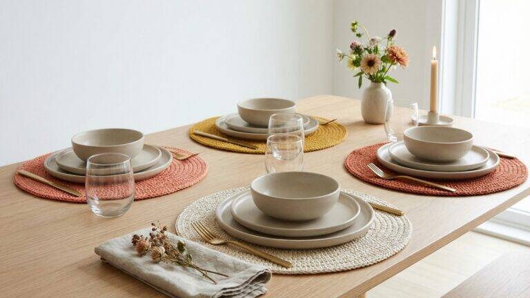 Mesa posta com sousplats redondos de crochê colorido artesanais em algodão com louça neutra e elementos elegantes