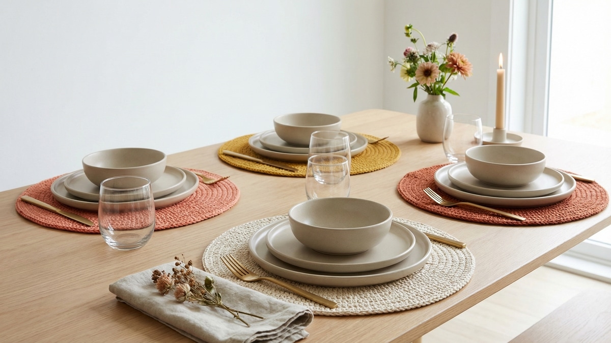 Mesa posta com sousplats redondos de crochê colorido artesanais em algodão com louça neutra e elementos elegantes